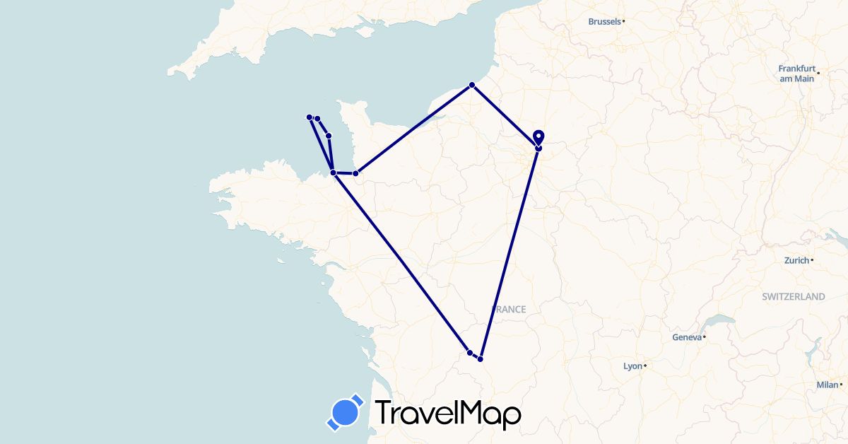 TravelMap itinerary: driving in France, Guernsey, Jersey (Europe)