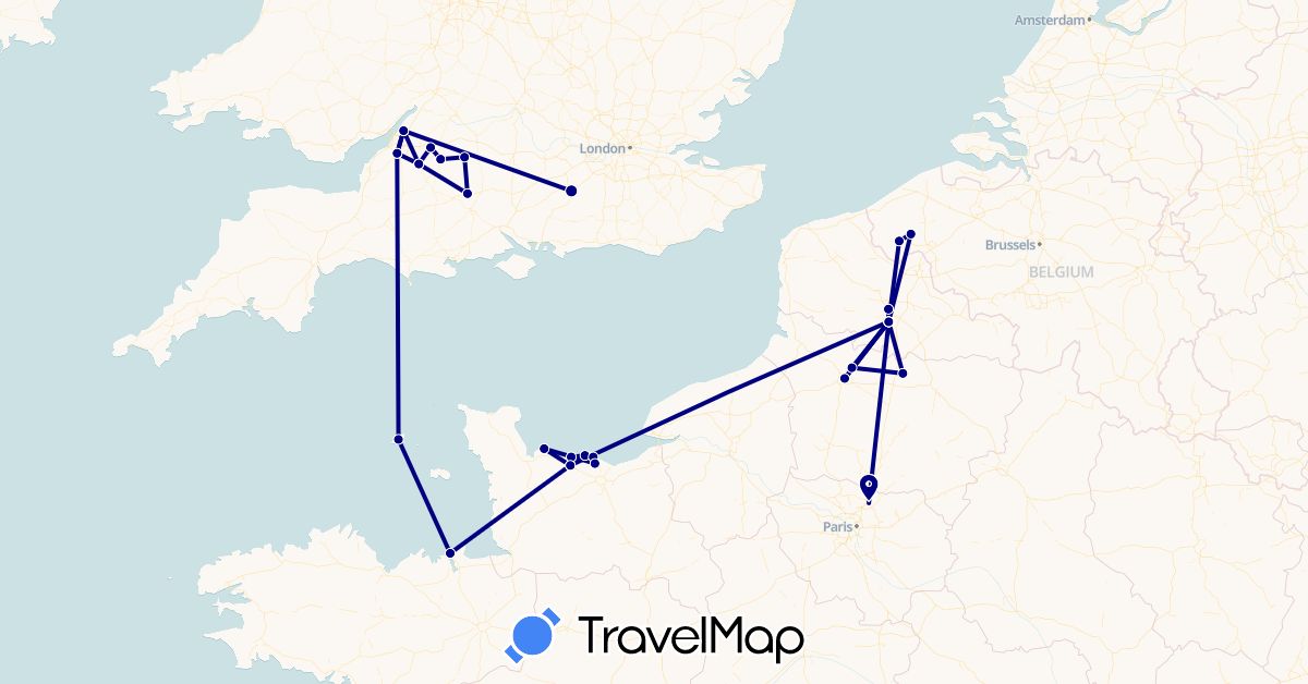 TravelMap itinerary: driving in Belgium, France, United Kingdom, Guernsey (Europe)